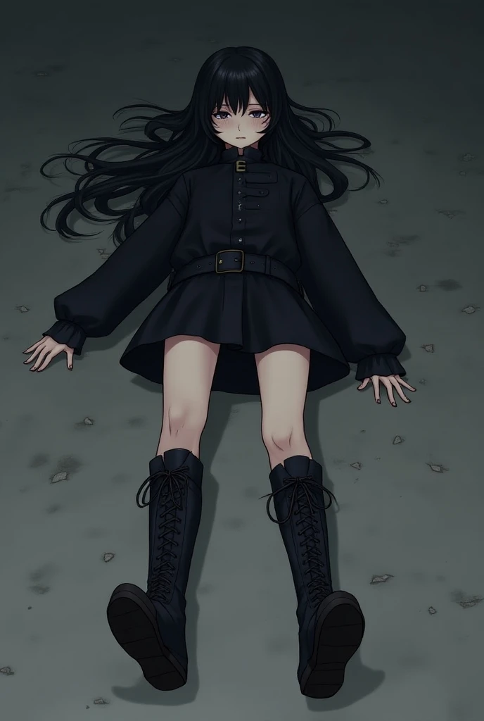 animated, a Gothic girl , mini skirt, military boots, on the ground, sleeping,  Eyes closed, shrill, defeated, as if I had lost a fight.