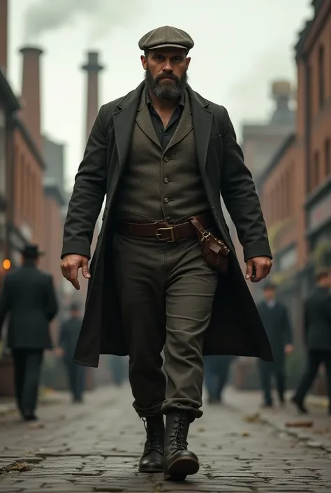 A lower-class civilian and working-class man who wears a style that matches the realistic clothing of the 19th century, certain details of Steam Punk and peaky bliders