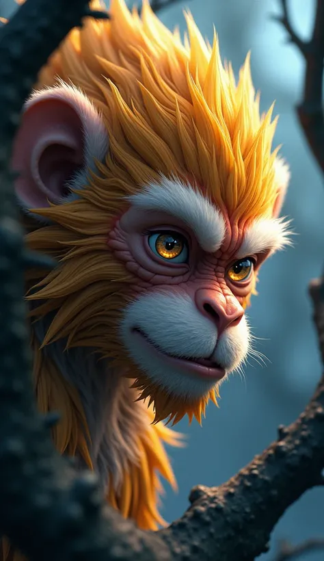 Close up, Macro head, 3D anime style aesthetic wallpaper, Monkey king character side view, golden fur, night, tree branches, High quality, 3D anime art, Art station, Highly detailed, Aesthetic, Concept art, Very fine detail, Stunning, 8K resolution.