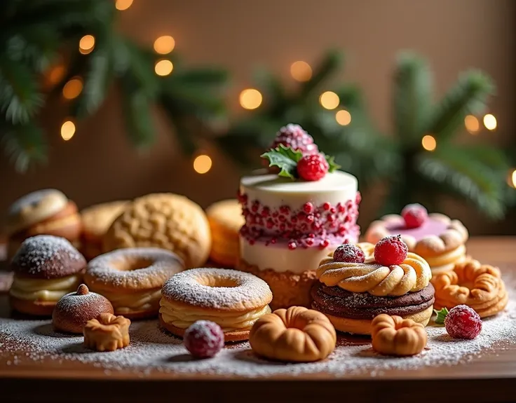 Realism，photography：dessert展示，cake，dessert，biscuit，Christmas atmosphere