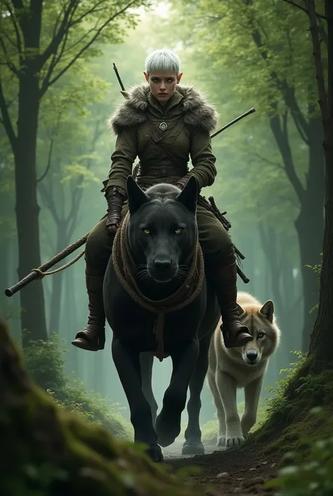  An elf hunter from Wolrd of Warcraft named Khaguya with a pole gun,  riding on a panther accompanied by a wolf ,  dressed in animal skin Viking clothing ,  short hair and white , ash skin ,  luminous silver eyes ,  patrolling in the woods 