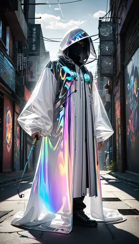 high and beautiful art, Pretty assassin ,  wearing a transparent tunic with iridescent hood that makes him invisible,  and has a poisonous needle , Common street,  Tracking a target , cloudy, shadows, contrast,   conceptual installation art , ultra detaile...