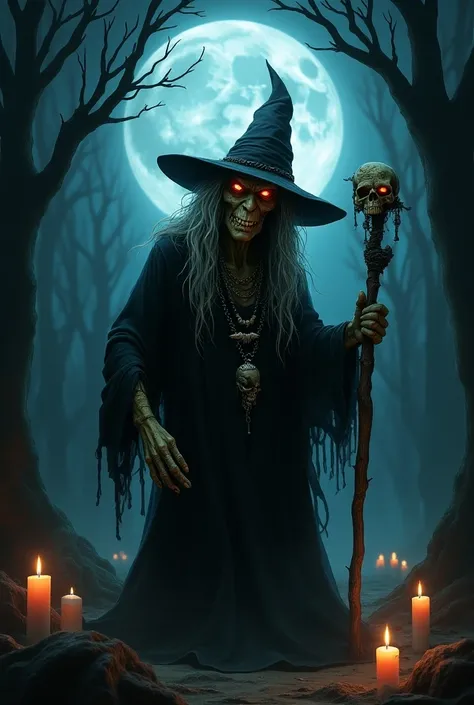 The image shows a terrifying figure, a classic witch, in a dark and macabre setting. Her skin is a pale greenish tone, with a wrinkled and leathery texture, emphasizing her age and connection to the supernatural. Her face is covered in deep wrinkles, with ...