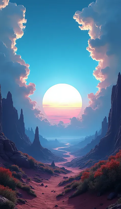 a serene martian landscape, a beautiful blue sunset over the horizon, dramatic cloud formations, alien foliage, intricate rock formations, detailed alien architecture, advanced technology, dramatic lighting, cinematic composition, vibrant colors, highly de...