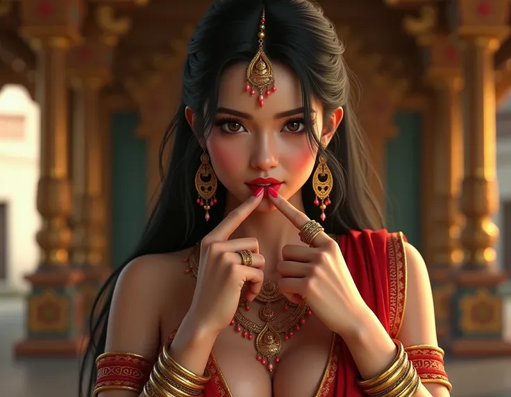 a bindi in the center of the forehead, beautiful royal temple, jewelry, gem, necklace, gold bracelet, anklets, thick lips, hands on lips, skindentation, lips half-open, (detailed eyes), (seductive pose), ulzzang-6500-v1.1, (large breasts:1.2)