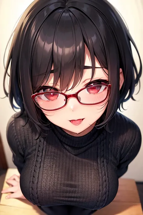  High Resolution , Masterpiece, accurate,  anatomically correct, Best Quality, Black Hair、Short Hair、Glasses、Mature Woman、Busty、Chubby、night、living、Knitted sweater、 blushes,happiness/joy,  drool , Red face, Ahegao, Red lips,  saliva thread pulling, 