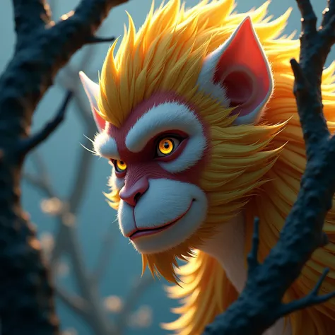 Close up, Macro head, 3D anime style aesthetic wallpaper, Monkey king character side view, golden fur, night, tree branches, High quality, 3D anime art, Art station, Highly detailed, Aesthetic, Concept art, Very fine detail, Stunning, 8K resolution.