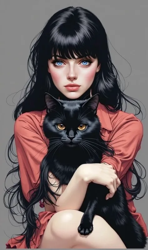 long black haired girl with a bangs and sleek, silver-blue chartreux cat on her shoulder