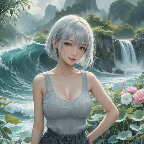 a beautiful girl,(shiny silver hair), (wave bob cut:1.2),(large breasts, athlete, long eyelashes), (soft gray lib knit tops and ...