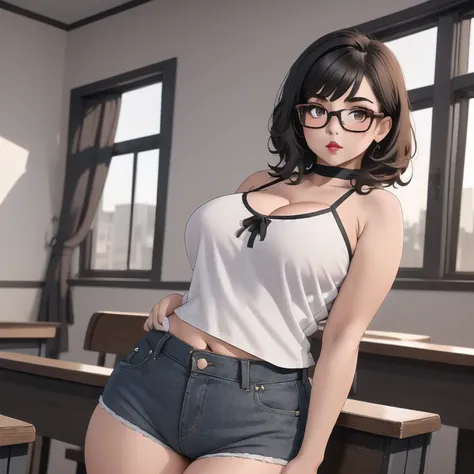 a cute petite short slightly chubby curvy emo girl, short wild volumetric hair, one wearing glasses, beautiful detailed brown ey...