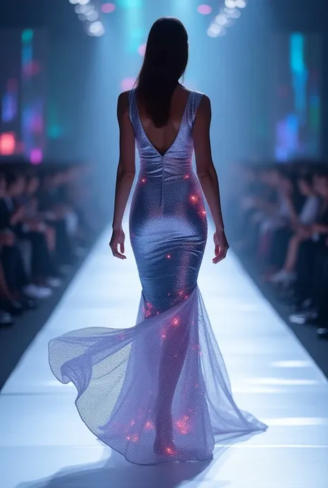 Ultra-detailed, breathtaking scene of a model walking down a futuristic fashion show runway. The focus is entirely on the model, wearing an absolutely stunning, shimmering gown made of metallic silver fabric that flows like liquid as she walks (gown:1.5). ...