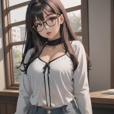 a cute petite short slightly chubby curvy emo girl, short wild volumetric hair, one wearing glasses, beautiful detailed brown ey...