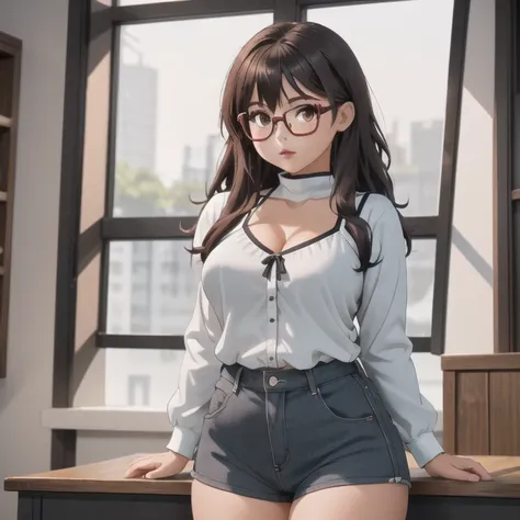 a cute petite short slightly chubby curvy emo girl, short wild volumetric hair, one wearing glasses, beautiful detailed brown ey...