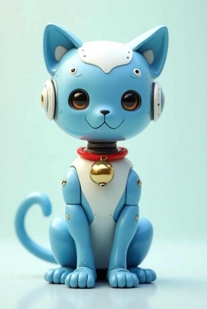 A robot shaped like a blue and white cat wearing a red collar with a golden round bell