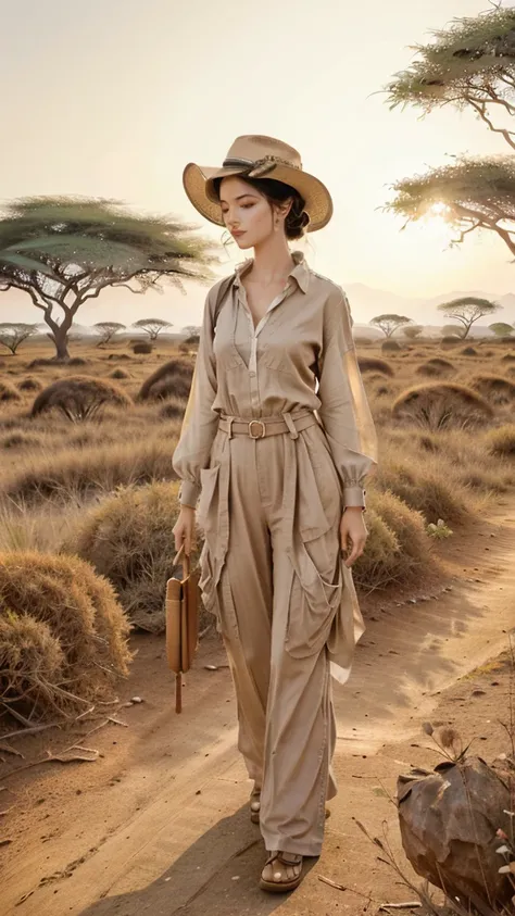 A captivating full body image of a woman on safari in Kenya. She wears a chic and practical outfit in earthy tones, featuring a linen shirt, cargo pants, and a wide-brimmed hat. She stands amidst a vast savanna, with acacia trees and majestic wildlife in t...