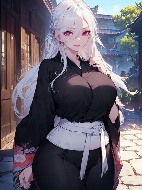 (Uhd, Masterpiece, Textured Skin, Super Detail, High Details, High Quality, Best Quality), Detailed Face, 1woman, mature pretty woman, ((wide hips, thick thighs, huge breasts)), ((Long white hair tied:1.5, Hair over the eye:1.5)), ((Black kimono), (Pants),...