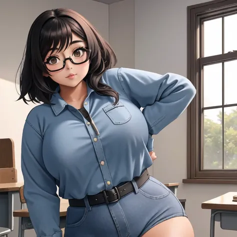 A cute petite short slightly chubby curvy emo girl, short wild volumetric hair, one wearing glasses, beautiful detailed brown eyes, cutely detailed lips, extremely cute detailed eyes and face, busty, voluptuous breasts, deep cleavage, wide curvy pearshaped...