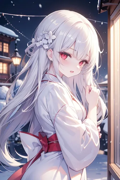 masutepiece, Highest Quality, (Perfect face:1.1), (high detailing:1.1), (ultradetailed eyes), Dramatic, superfine illustration, Extremely detailed, 1girl in, (pale skin), long white hair, Ethereal eyes, red eyes,tareme, (light eyebrow),blush,Solo,Smile, Ha...