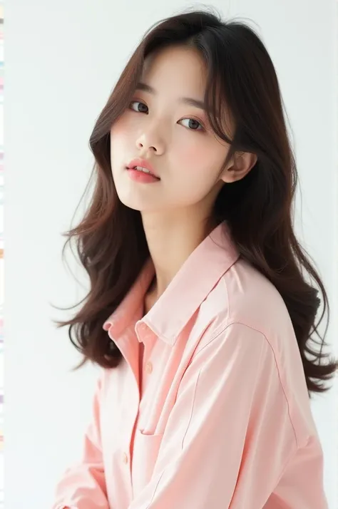 Trainee of Survival SM entertainment (The Next One) season 2. Her name is Kim Jiyeon. Photoshoot background white and wear pink shirt. 