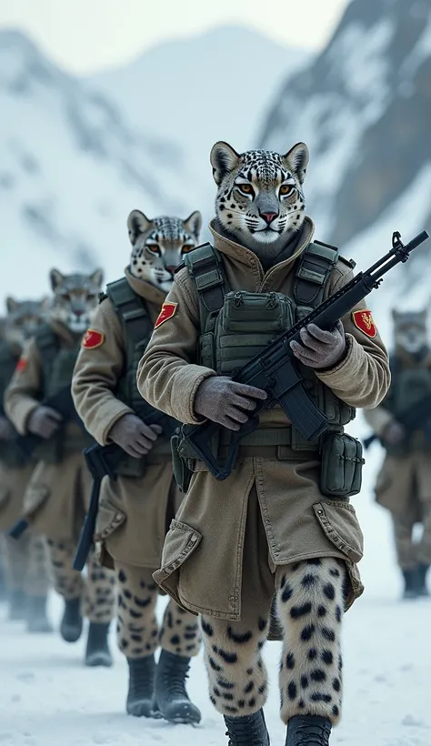 Create Six snow leopard Uzbekistan Prade Soldiers , holding Guns , snow leopard Head Soldiers Prading , Heavy Army Prade Uniform, Highly Detailed,