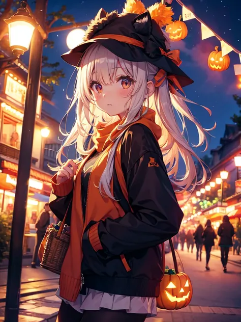 Best Quality、Kemo Mimi cute girl、A cute Halloween night、City Park。The full moon softly lights up the sky、Warm orange light pours down from the street lamps。Small ren、Pumpkins and ghosts on the trees in the park、Running around with baskets full of sweets。On...