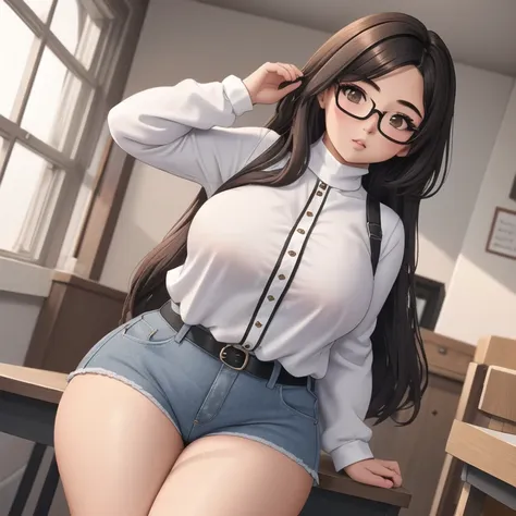 a cute petite short slightly chubby curvy emo girl, short wild volumetric hair, one wearing glasses, beautiful detailed brown ey...