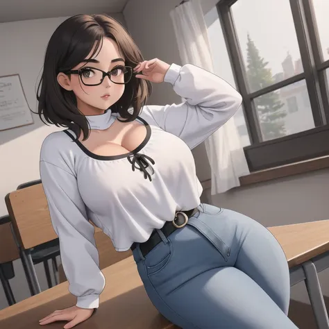 a cute petite short slightly chubby curvy emo girl, short wild volumetric hair, one wearing glasses, beautiful detailed brown ey...