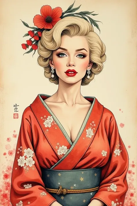 Ink Painting、 old paper texture、Damaged Paper、Old style、Faded color、Marilyn Monroe in the Edo period 、 wearing a gorgeous kimono and traditional Japanese hair、 drawn in a soft and colorful watercolor style 