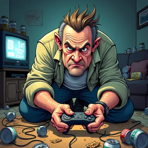 Cartoon of a drunk middle aged man playing video games