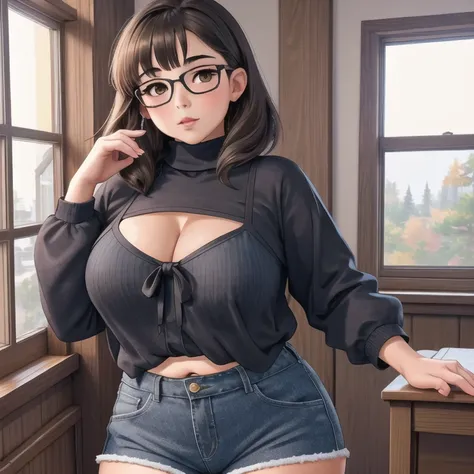 a cute petite short slightly chubby curvy emo girl, short wild volumetric hair, one wearing glasses, beautiful detailed brown ey...