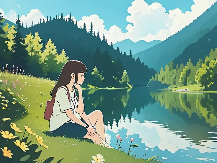 A cute aesthetic girl looking at a beautiful nature while listening to music