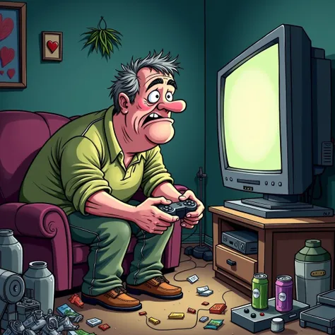 Cartoon of a drunk middle aged man playing video games