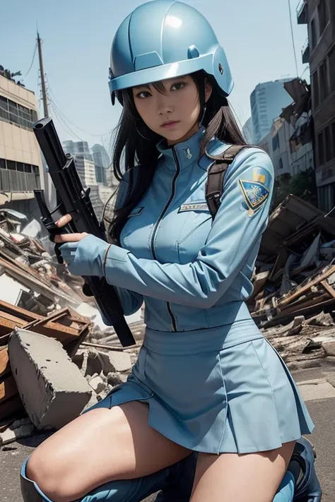 One Woman、( Full Face Helmet )、(( Light Blue Earth Defense Force Helmet ))、( Earth Defense Force Light Blue Uniform )、(( Well Tailored Suit ))、(( Tight Lower Body Miniskirt))、(( tight skirt ))、 thighs plump 、 long boots for stepping on bread、maximum 、(Squa...