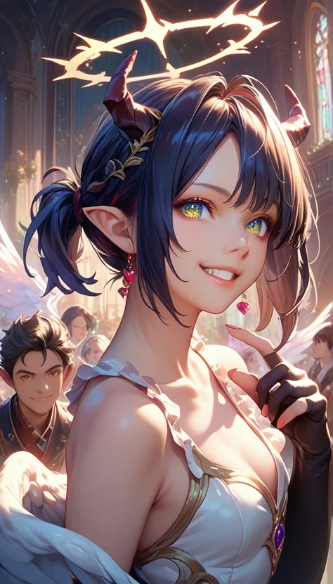 Dark hair, Short Ponytail, Widow Peak, Angel Halo, demon horns,  colorful eyes , Pointed ears, Smile, young people, Concept Art, Realism, Chiaroscuro,  anatomically correct ,  textured skin 