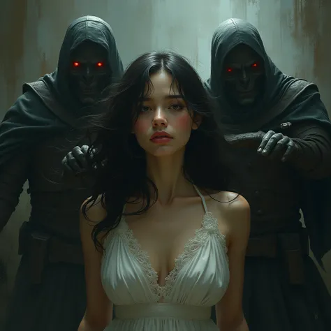 a beautiful woman with flowing hair, detailed facial features, sorrowful expression, being attacked by evil villainous figures, gritty realistic painting, dramatic lighting, cinematic composition, muted colors, digital art