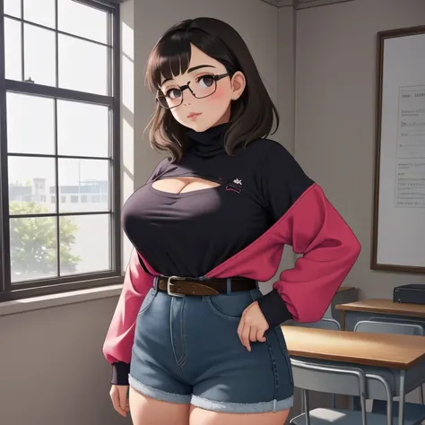 A cute petite short slightly chubby curvy emo girl, short wild volumetric hair, one wearing glasses, beautiful detailed brown eyes, cutely detailed lips, extremely cute detailed eyes and face, busty, voluptuous breasts, deep cleavage, wide curvy pearshaped...