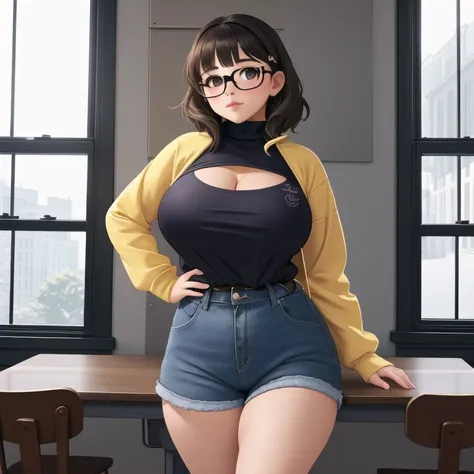 a cute petite short slightly chubby curvy emo girl, short wild volumetric hair, one wearing glasses, beautiful detailed brown ey...