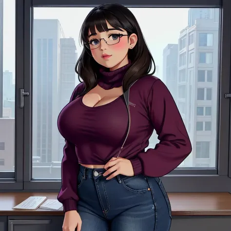 a cute petite short slightly chubby curvy emo girl, short wild volumetric hair, one wearing glasses, beautiful detailed brown ey...