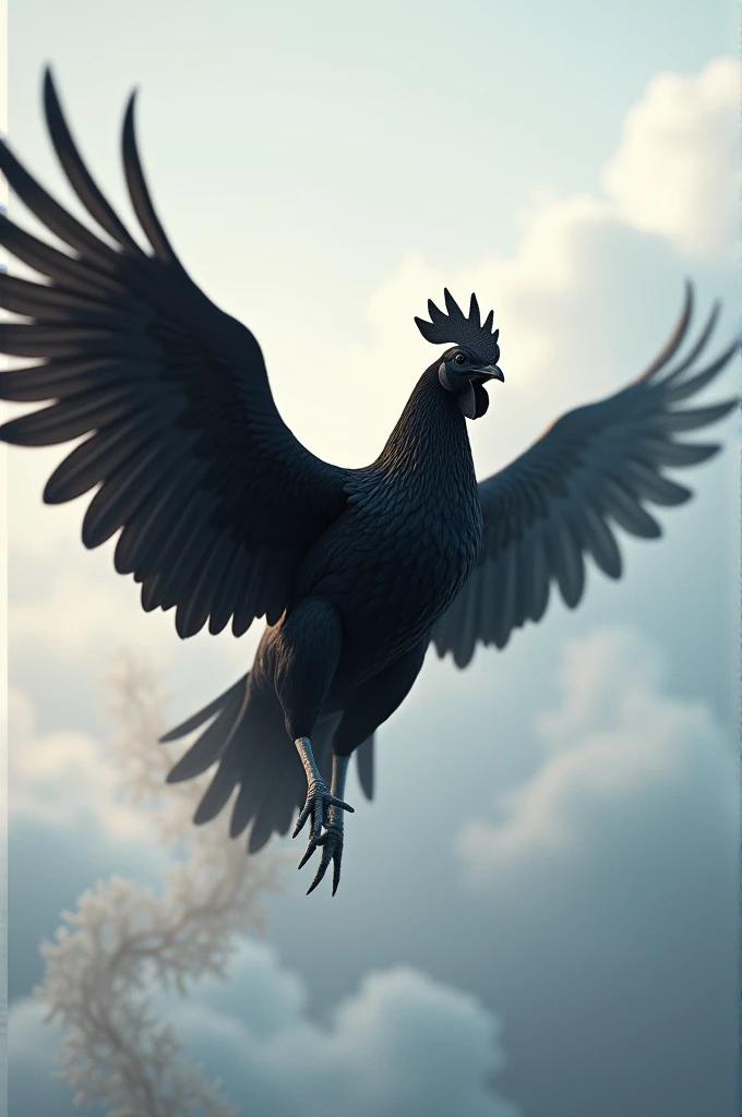  make me a picture of a black cypress chicken flying, spread its wings forward with smoke below ,in the background of clouds 