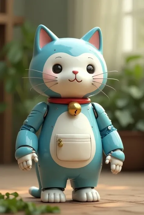 A robot shaped like a blue and white cat wearing a red collar with a golden round bell. He has round face with white round hands and toes . He has a pocket at the white centre oh his stomach. He has no ears and three whiskers on each side. Realistic cat ro...