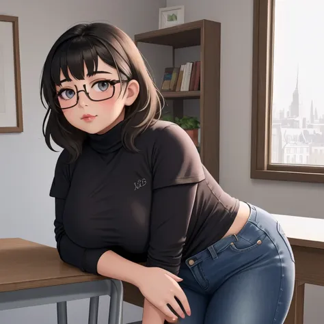 A cute petite short slightly chubby curvy emo girl, short wild volumetric hair, one wearing glasses, beautiful detailed brown eyes, cutely detailed lips, extremely cute detailed eyes and face, busty, voluptuous breasts, deep cleavage, wide curvy pearshaped...