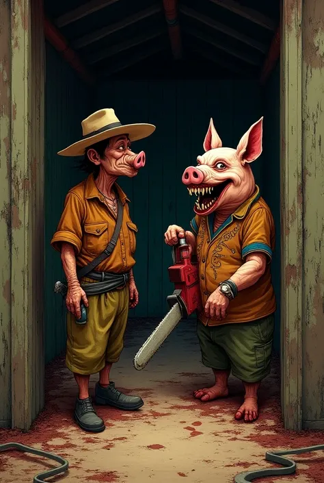 Generate an image for me
For the Goregrind album cover I want it to be cartoon style

Where a peasant dressed in a typical peasant costume from Nicaraguan folklore and an anthropomorphic pig with a chainsaw come out and are in a barn  and vicerooms