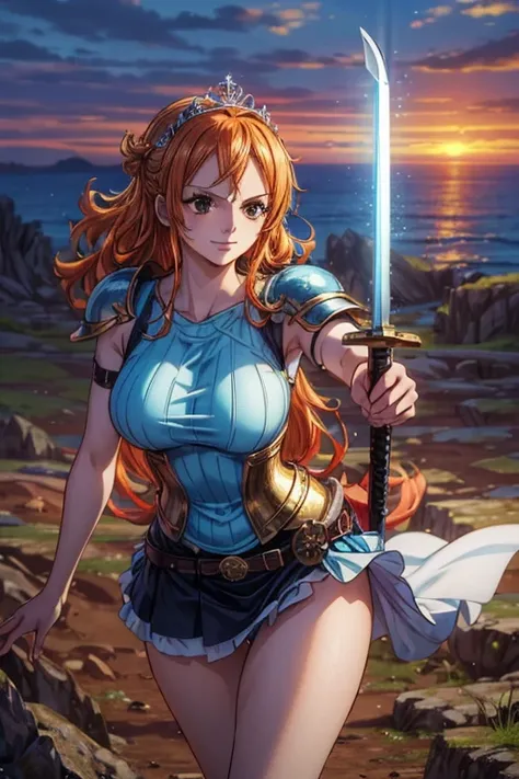 ((Masterpiece,Best Quality, 4K, 8k,  High Resolution , masterpiece:1.2)), ((Super detailed)), ((Realistic, photoRealistic, photo-Realistic:1.37)),  Preserving Anime Style ,Nami from One Piece, pale orange hair ,Beautiful brown eyes,Left shoulder tattoo,Bea...