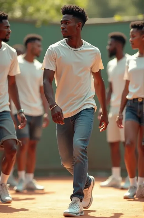  A very stylish handsome black boy. dance. All the star tennis players , shorts jeans and white t-shirt . dancendo músicas mais calmas