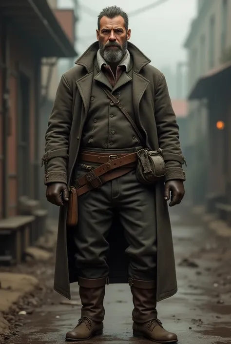 A working-class civilian who wears a style that matches the realistic clothing of the 19th century and certain details of Steam Punk.