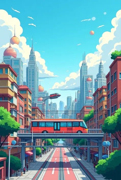 City for all diagram cartoon have a bus and sky train
