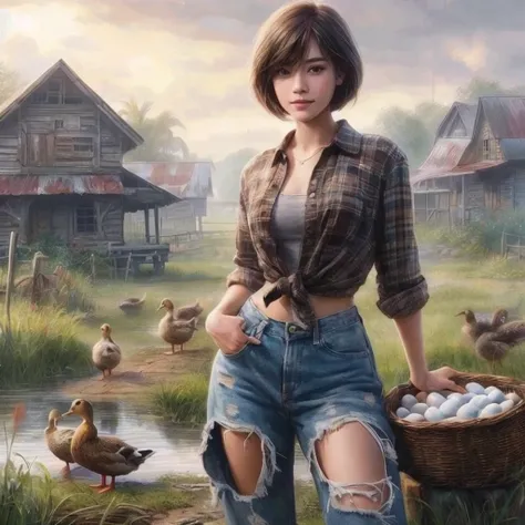 There was a woman standing in a field with a basket of eggs., inspired By Rudy Sisvanto,  beautiful digital art ,  wearing peasant clothing , 4k realistic digital art, 4k realistic digital art, By Rudy Sisvanto, Background art, Realistic art style, Realist...