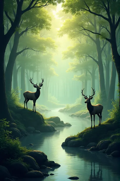 "A small stream flows gently through the middle of a dense forest, with tall trees lining both sides of the path. At either end of the scene, a deer stands gracefully on a picturesque rock, adding to the serene atmosphere. Sunlight filters through the cano...