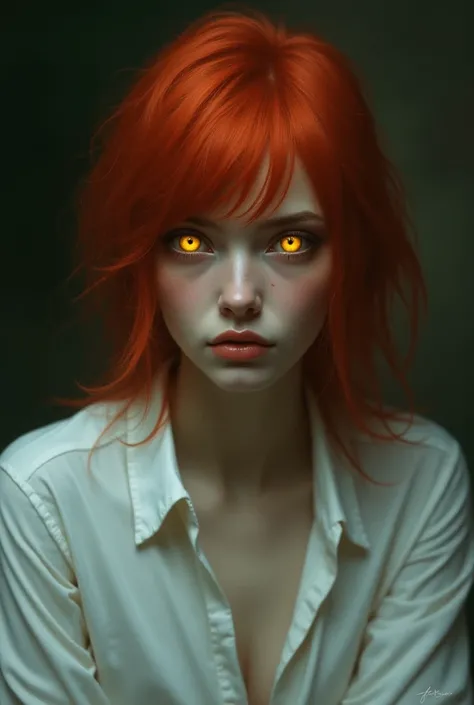 A character from the picture up wearing a white shirt, red hair and yellow eyes 
