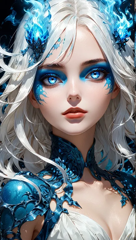 detailed face,eye details,detail of skin,(surreal style:1.1),( in the style of Edwin Austin Abbey :0.8),(character design:1.2),( dodger/blue fire,  elemental sculpture ),(floating:1.3),
 BREAK
dynamic focus  , metal base ,( long white hair :1.2),(White eye...